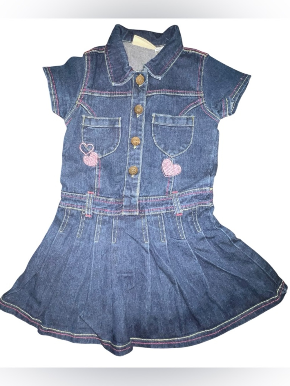 CARTER'S Dark Denim Dress Embroidered Pink Hearts Pleated Toddler Girl Sz 6